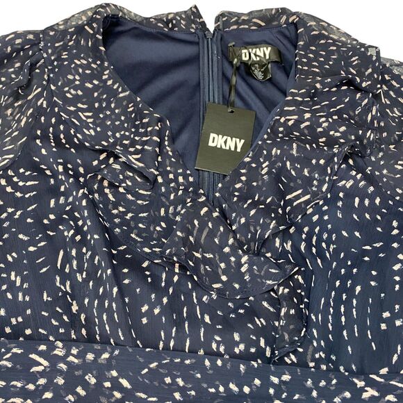 DKNY Dress Women's 12 Navy Pink Sheer Balloon Sleeve Lined Tie Waist Back Zip - Picture 2 of 16